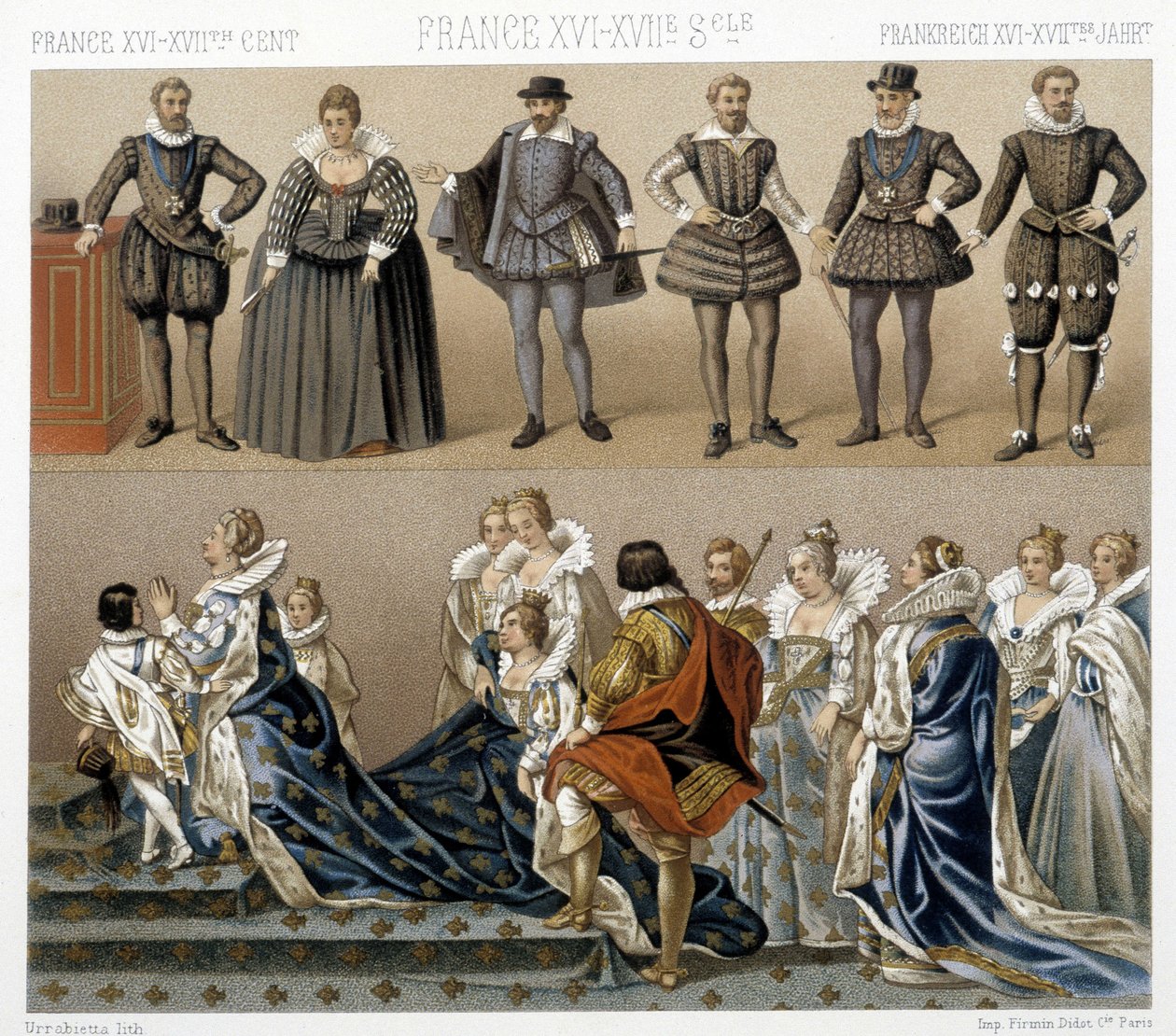 Kostumer af dronning Marguerite af Frankrig (nederst) og Henrik IV (øverst) i det 17. og 18. århundrede. Illustration i "" Le costume historique"" af Racinet af Albert Charles August Racinet