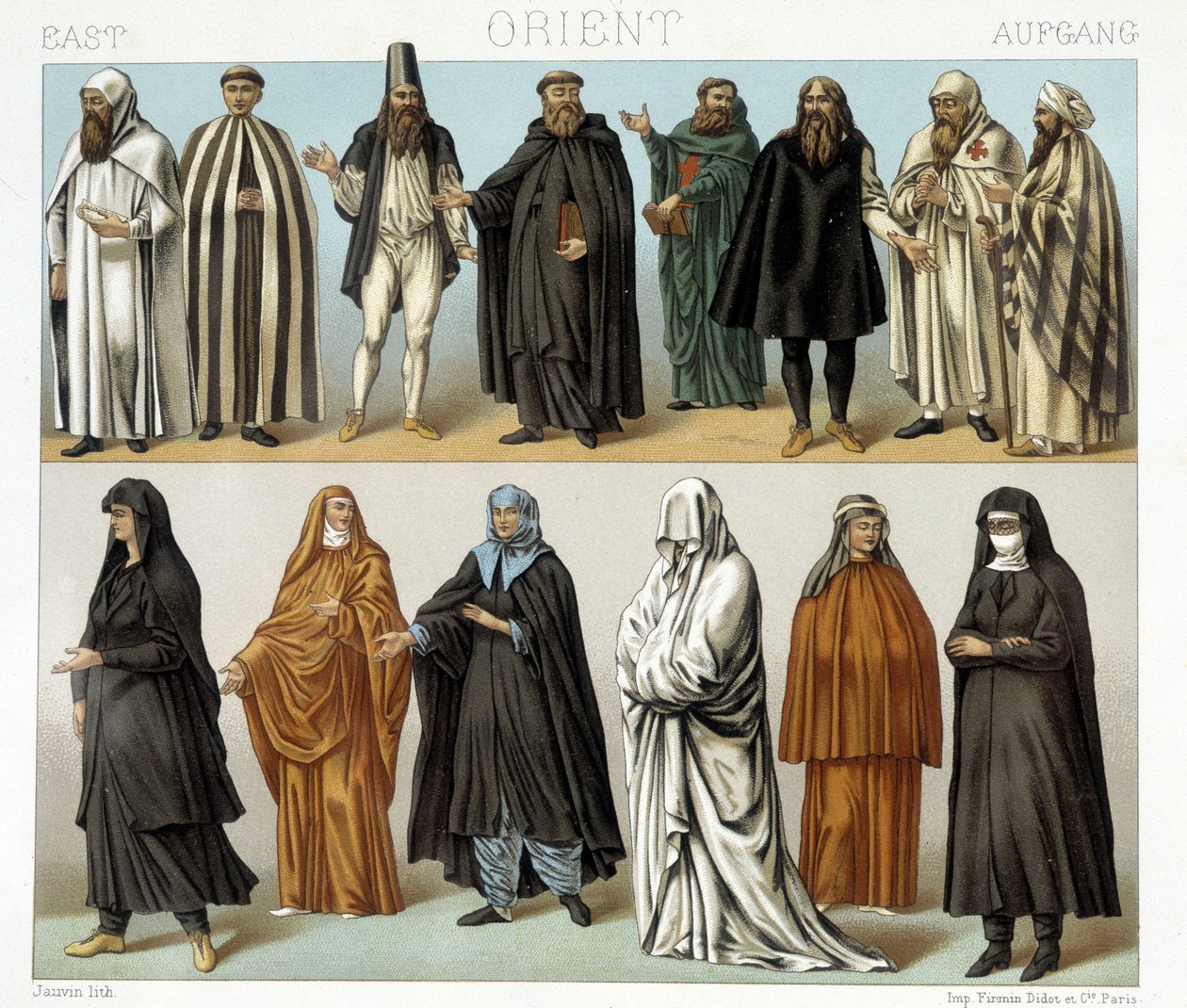 Kostumer af munke og religiøse i Mellemøsten i det 19. århundrede. Illustration i "" Le costume historique"" af Racinet af Albert Charles August Racinet