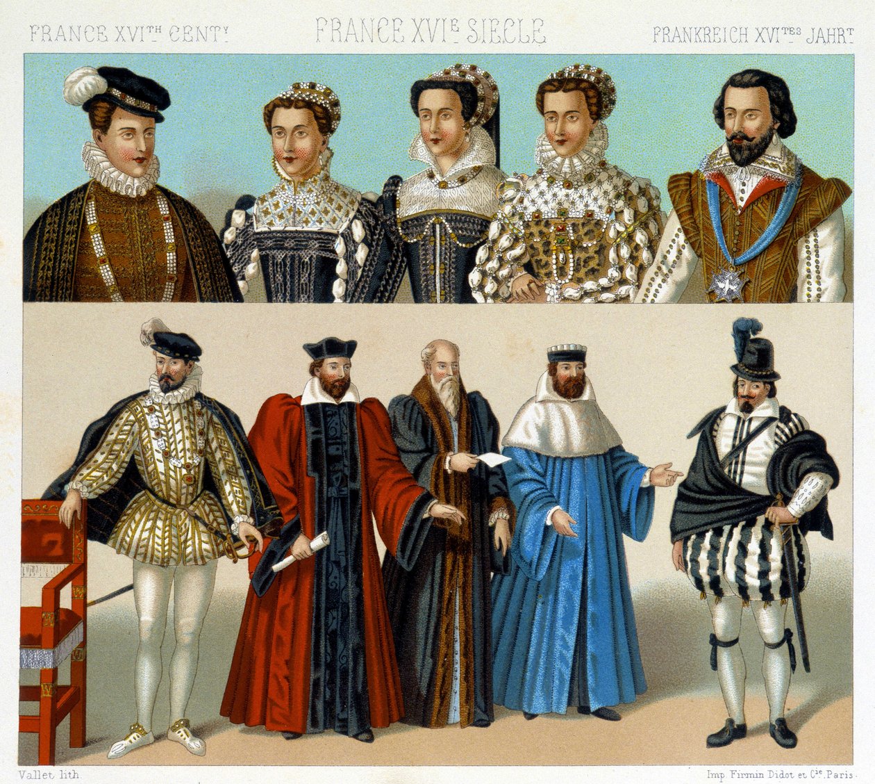 Kostumer af adelige og magistrater i Frankrig i det 17. århundrede. Kromolitografisk plade - i "" Le costume historique"" af Racinet af Albert Charles August Racinet