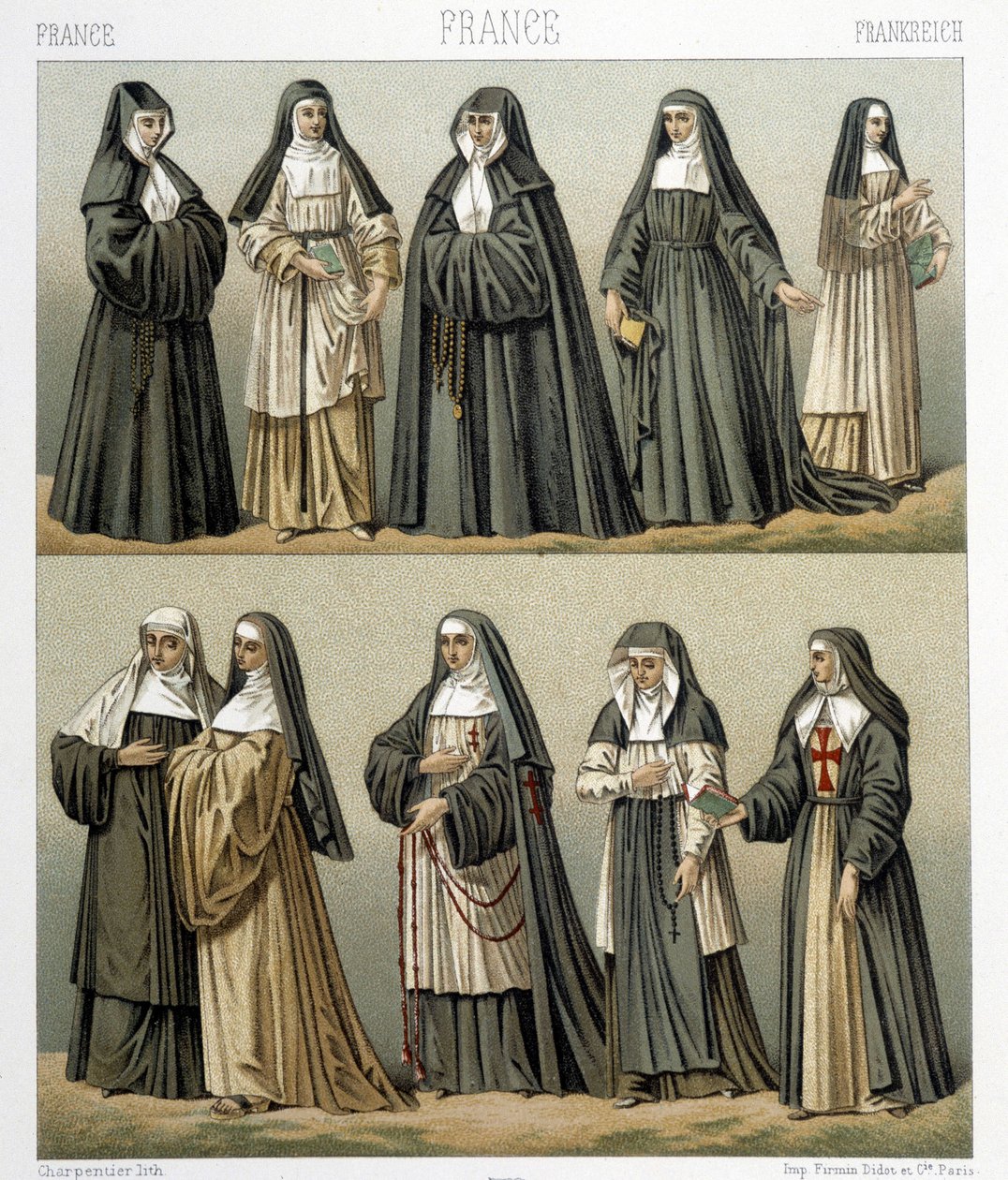 Kostumer af nonner i Frankrig i det 18. århundrede. Illustration i "" Le costume historique"" af Racinet af Albert Charles August Racinet