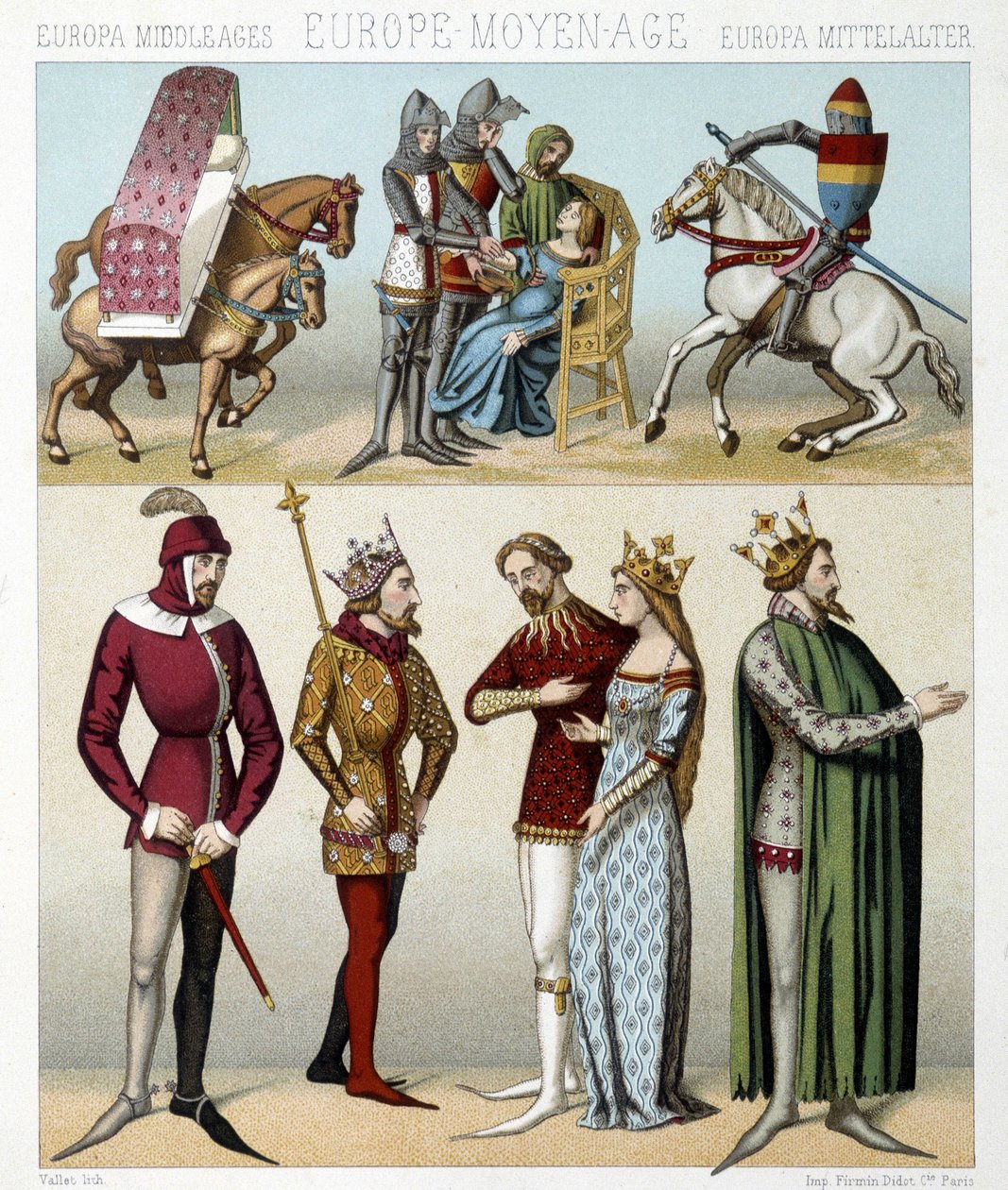 Middelalderens kostumer i Frankrig. Illustration i "Le costume historique"" af Racinet af Albert Charles August Racinet