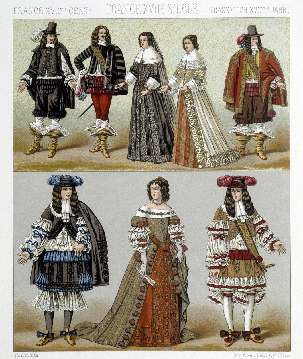Kostumer af adelen i Frankrig i det 18. århundrede. Illustration i "" Le costume historique"" af Racinet af Albert Charles August Racinet