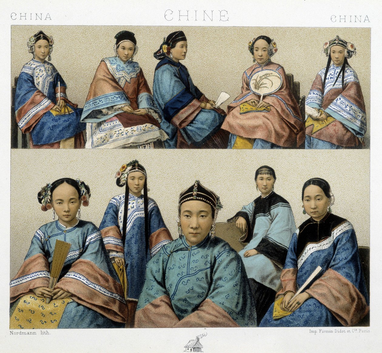 Forskellige typer kvinder i Kina - i "" Det historiske kostume"" af Racinet af Albert Charles August Racinet