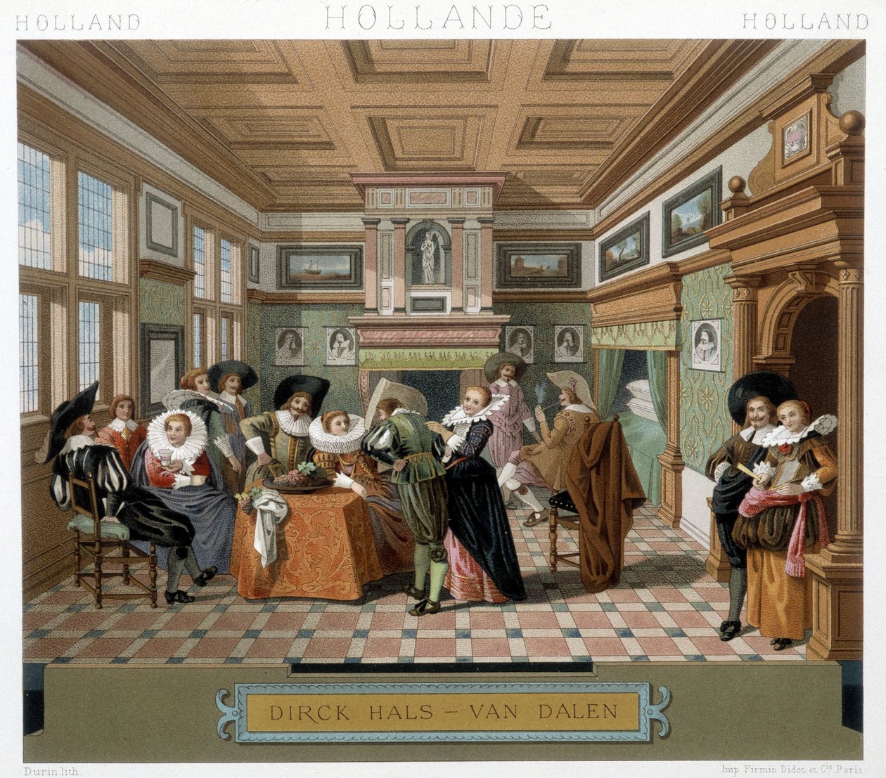 Hollænder i kostumer og i et 1700-tals interiør. Illustration i "" Le costume historique"" af Racinet af Albert Charles August Racinet