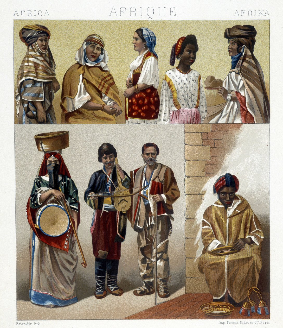 Egyptiske kostumer. Illustration i "Det historiske kostume" af Racinet af Albert Charles August Racinet