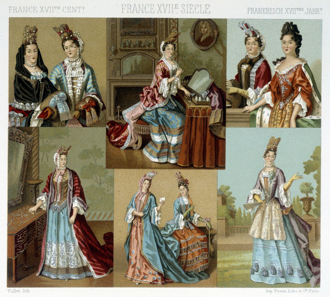 Mode og frisør i Frankrig i det 18. århundrede - i "" Le costume historique"" af Racinet, slutningen af det 19. århundrede af Albert Charles August Racinet