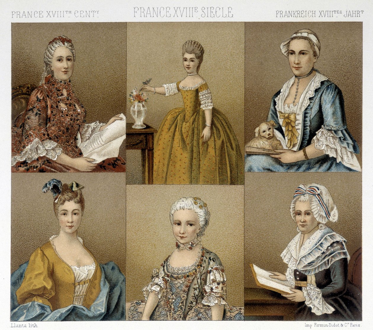 Fransk feminin mode i det 18. århundrede. Illustration i "" Le costume historique"" af Racinet af Albert Charles August Racinet