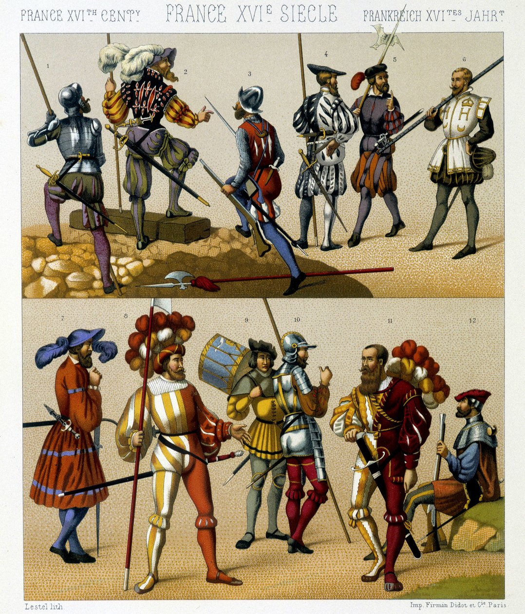 Franske militærdragter i det 16. århundrede. Kromolitografisk plade - i "" Le costume historique"" af Racinet af Albert Charles August Racinet