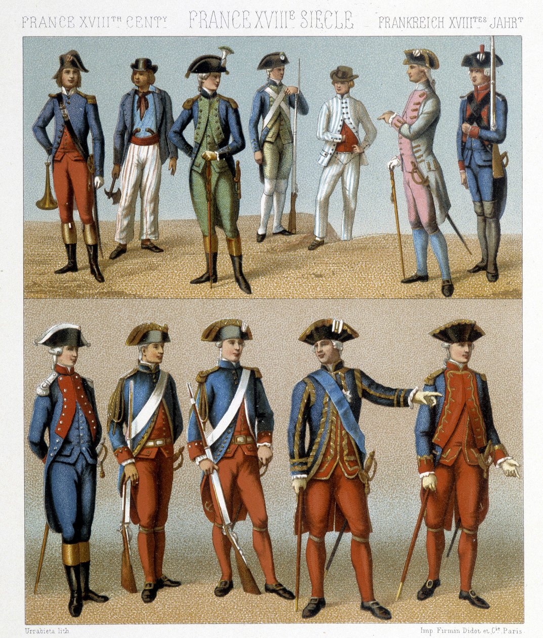 Franske militærdragter i det 18. århundrede. Illustration i "" Le costume historique"" af Racinet af Albert Charles August Racinet