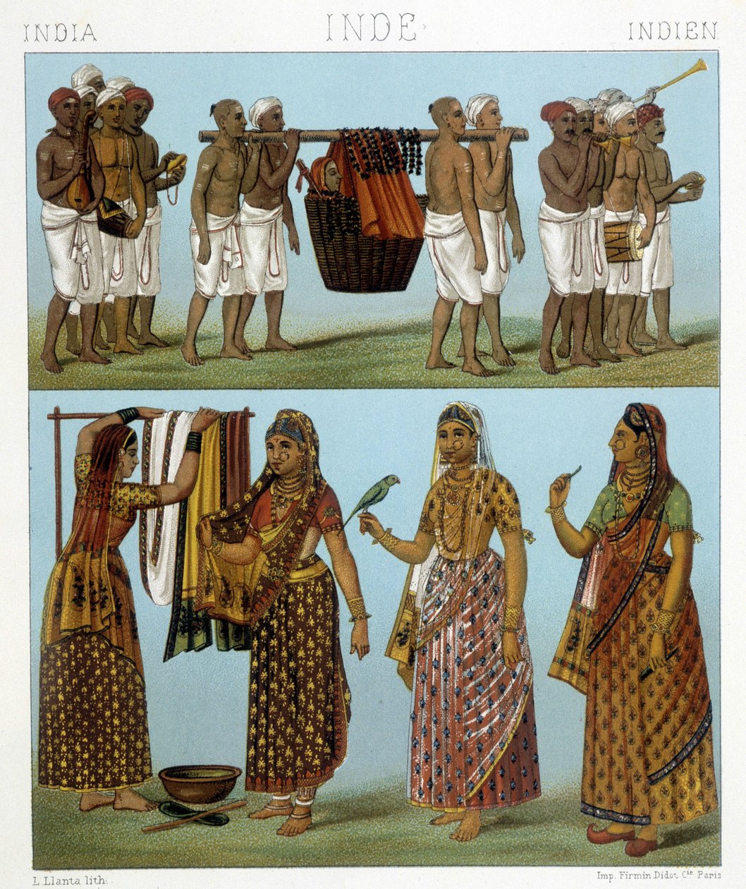 Begravelse (øverst på billedet) og vaskeri (nederst på billedet) i Indien. Illustration i "" Le costume historique"" af Racinet af Albert Charles August Racinet