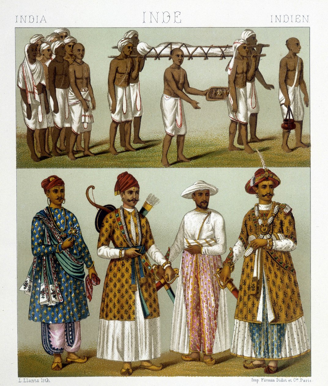 Begravelse (øverst på billedet) og købmænd (nederst på billedet) i Indien. Tegning i "" Le costume historique"" af Racinet af Albert Charles August Racinet