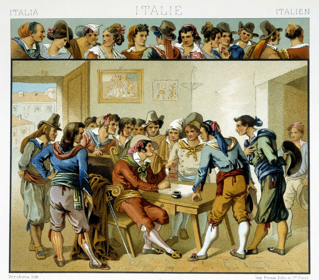 Gruppe af italienere omkring en forfatter repræsenteret i de populære romerske dragter fra det 19. århundrede. Kromolitografisk plade - i "" Le costume historique"" af Racinet af Albert Charles August Racinet