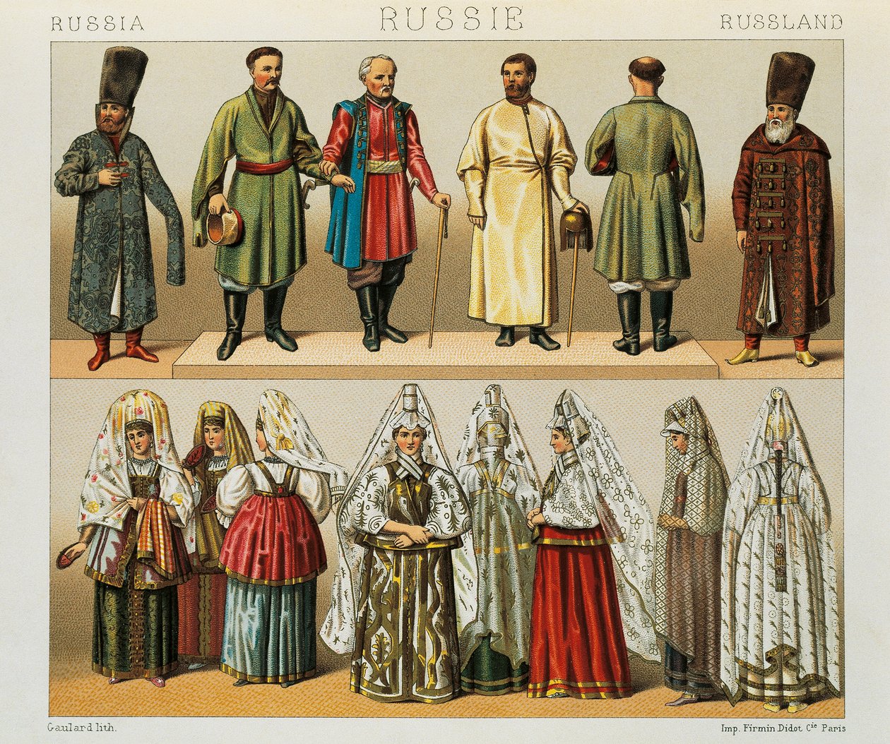 Det russiske folks historiske klædedragt, Illustration fra The Complete Costume History af Racinet Auguste af Albert Charles August Racinet