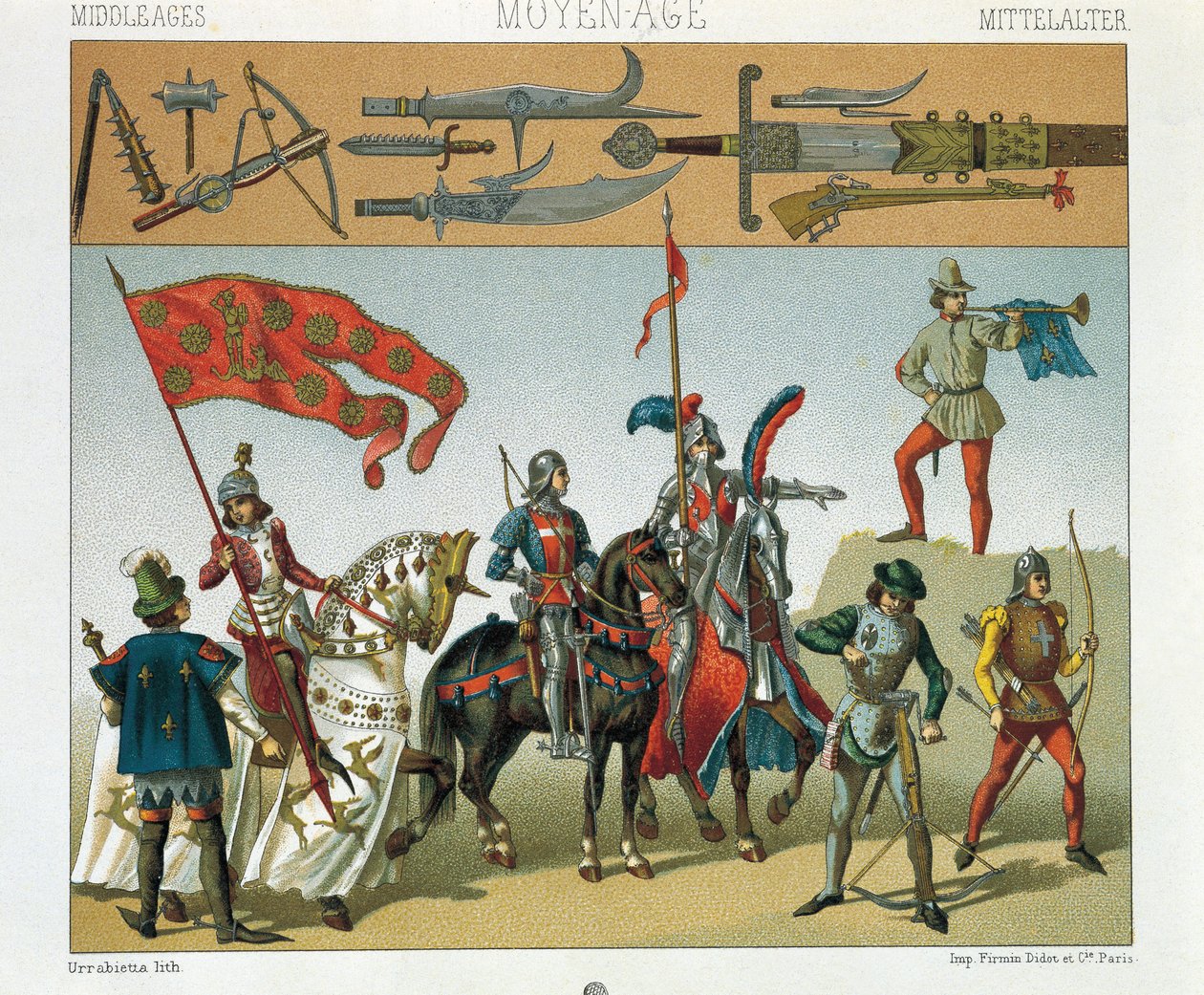 Illustration fra Auguste Racinets historiske kostumer, bind IV, franske ryttere af Albert Charles August Racinet