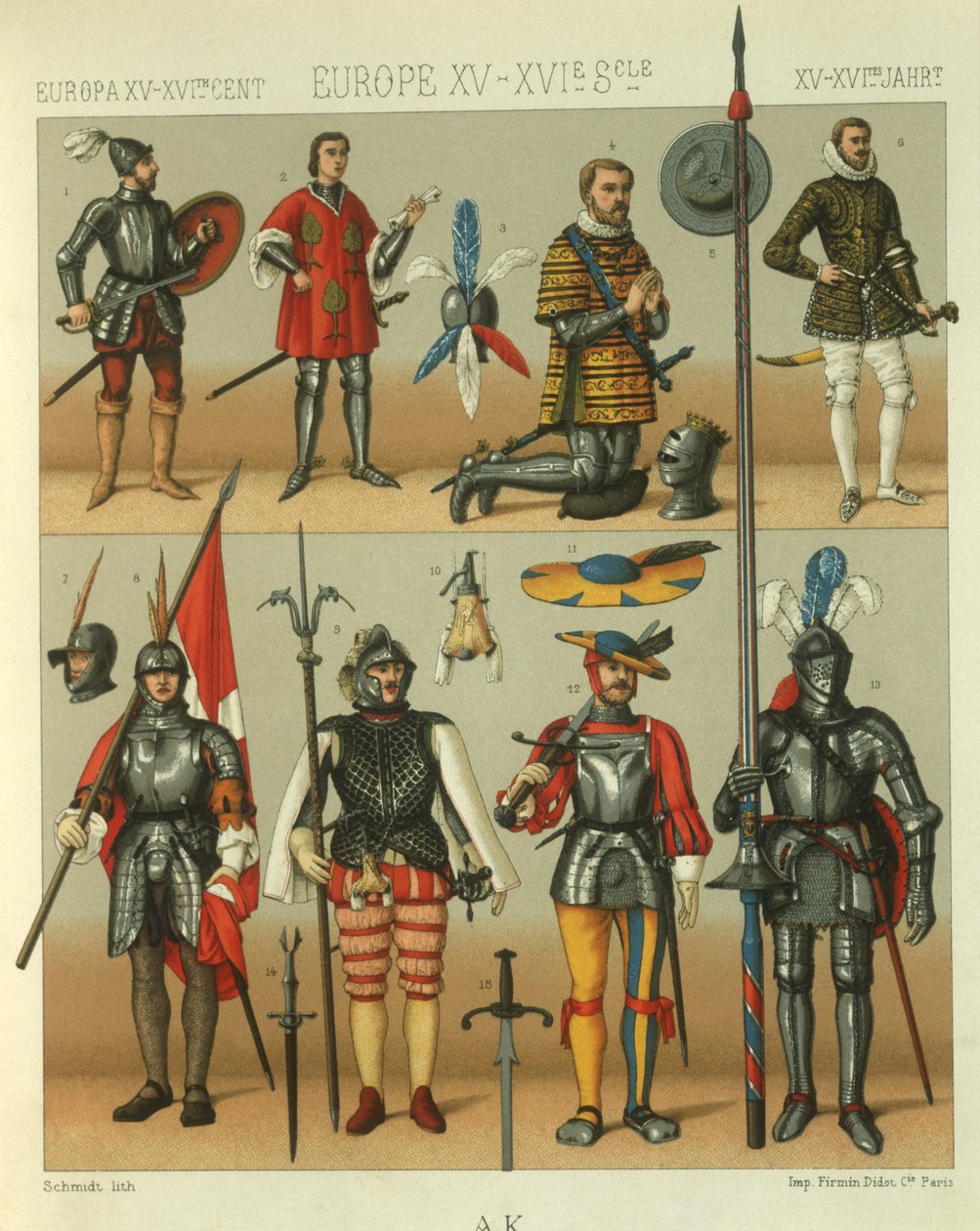 Illustration af europæiske krigere rustning af Albert Charles August Racinet