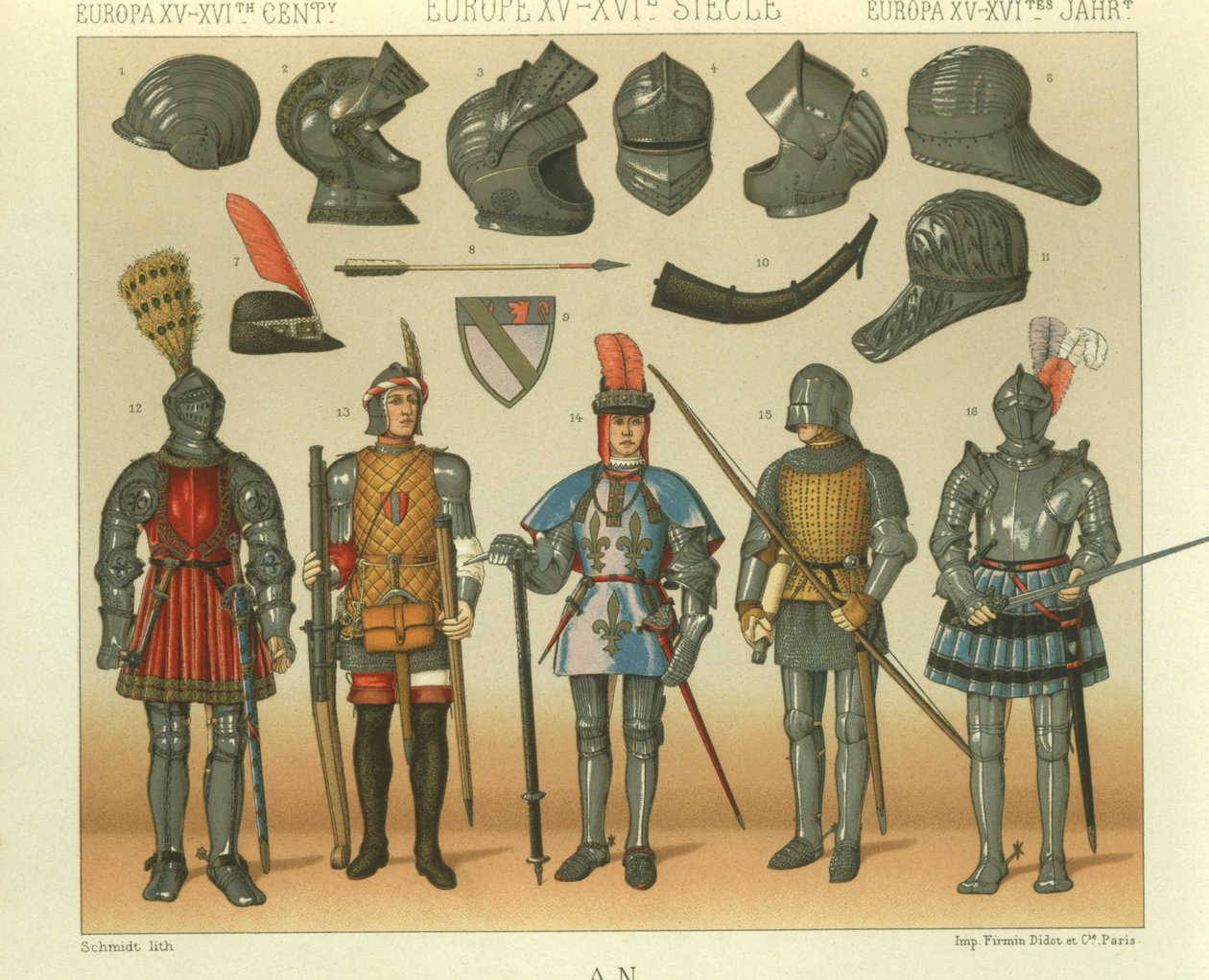 Illustration af europæiske krigere rustning af Albert Charles August Racinet