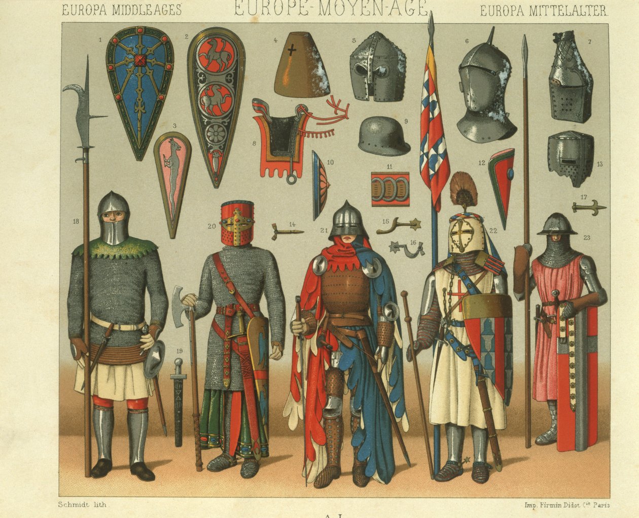 Illustration af franske krigere rustning af Albert Charles August Racinet