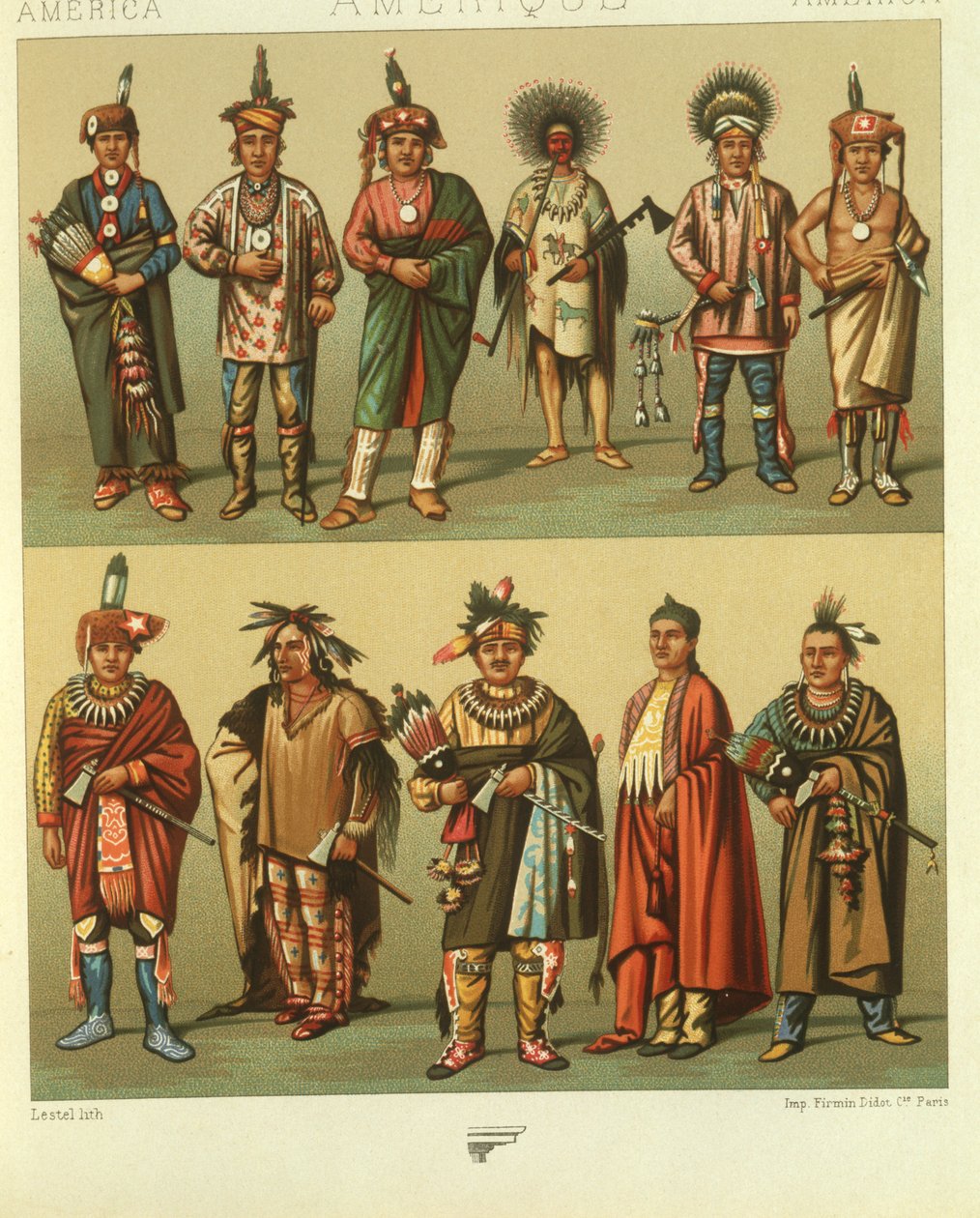 Illustration af nordamerikanske indianere fra Kansas og Nebraska, USA af Albert Charles August Racinet