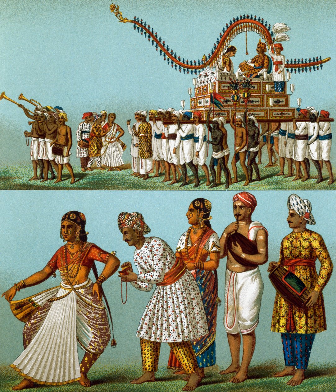 Indien, parader, musik, danse, af Auguste Racinet (1825-1893), litografi kommer fra Le Costume Historique, bind I af Albert Charles August Racinet