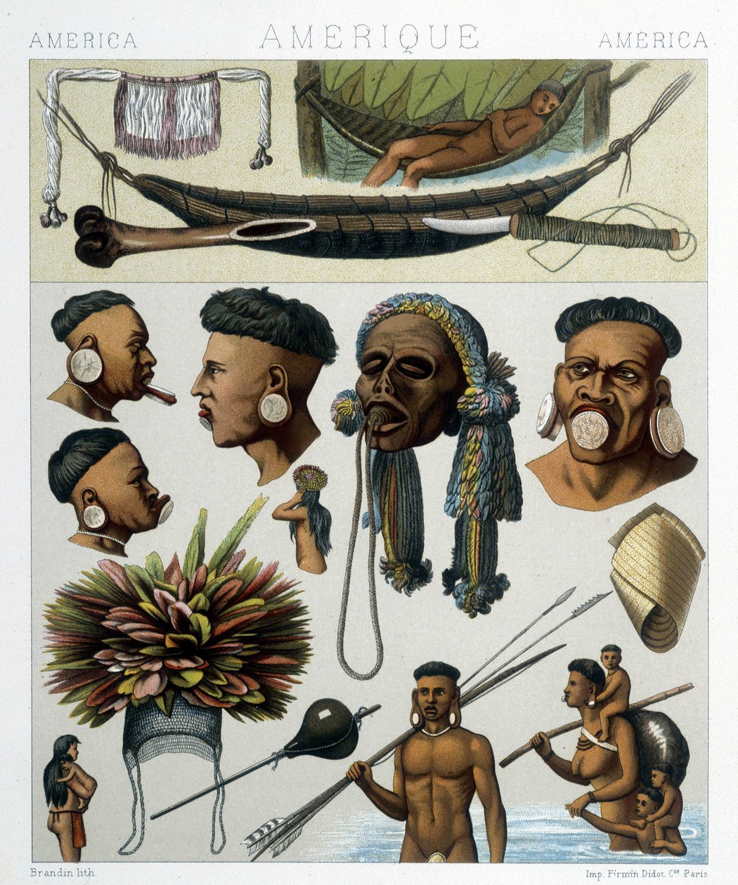 Oprindelige folk i Brasilien og Paraguay. Illustration i "Det historiske kostume" af Racinet af Albert Charles August Racinet