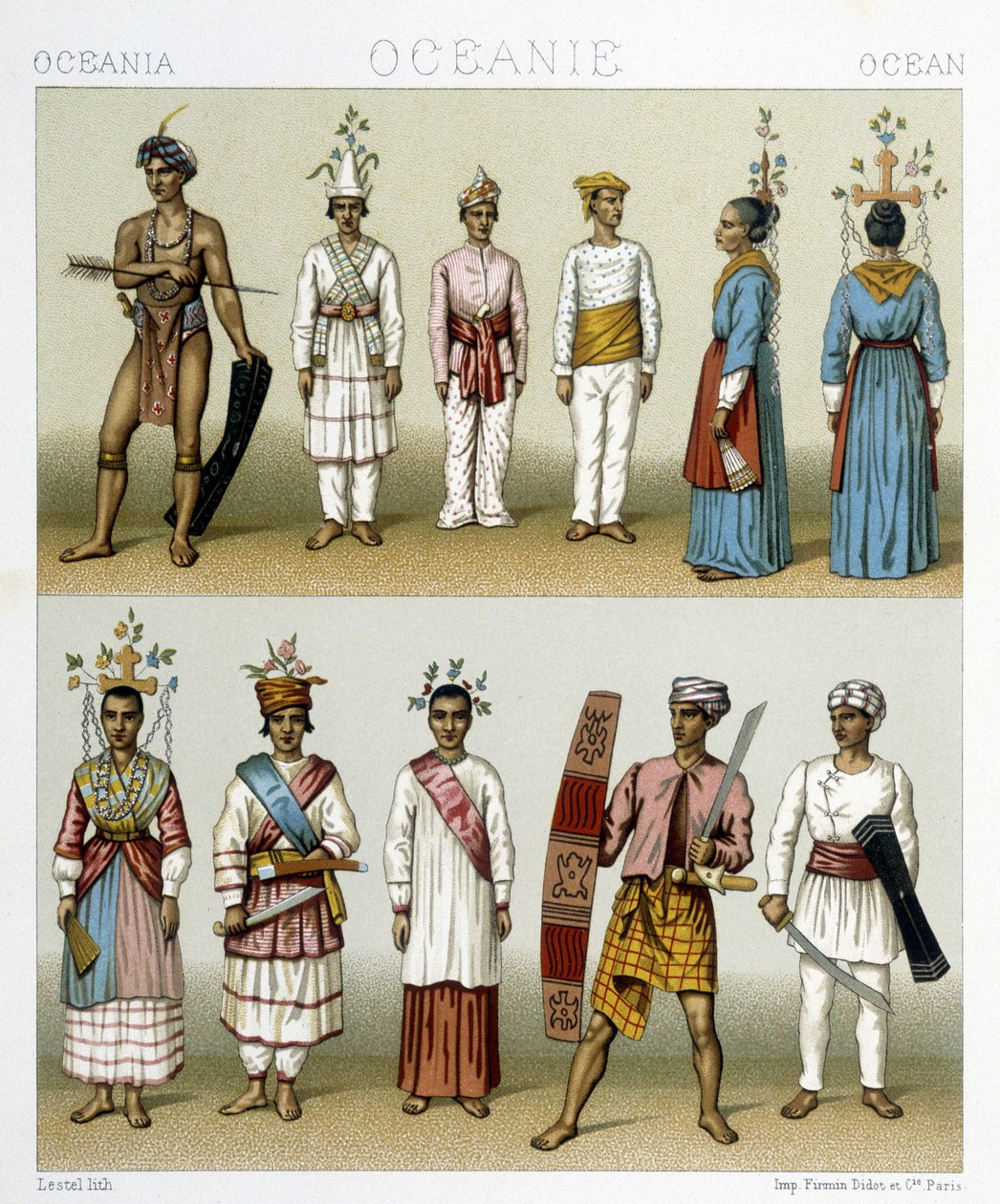 Indbyggere på Celebes-øerne i Indonesien. Illustration i "" Le costume historique"" af Racinet af Albert Charles August Racinet