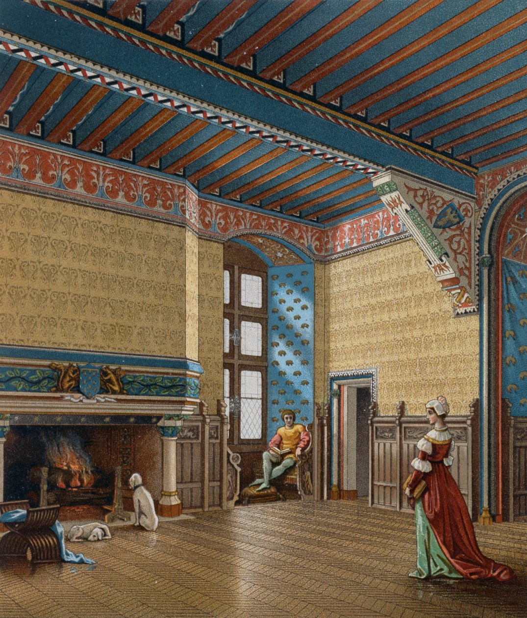 Interiør af fransk bolig fra det 15. århundrede, litografi af Charpentier fra Le Costume historique (The Complete Costume History) af Albert Charles August Racinet