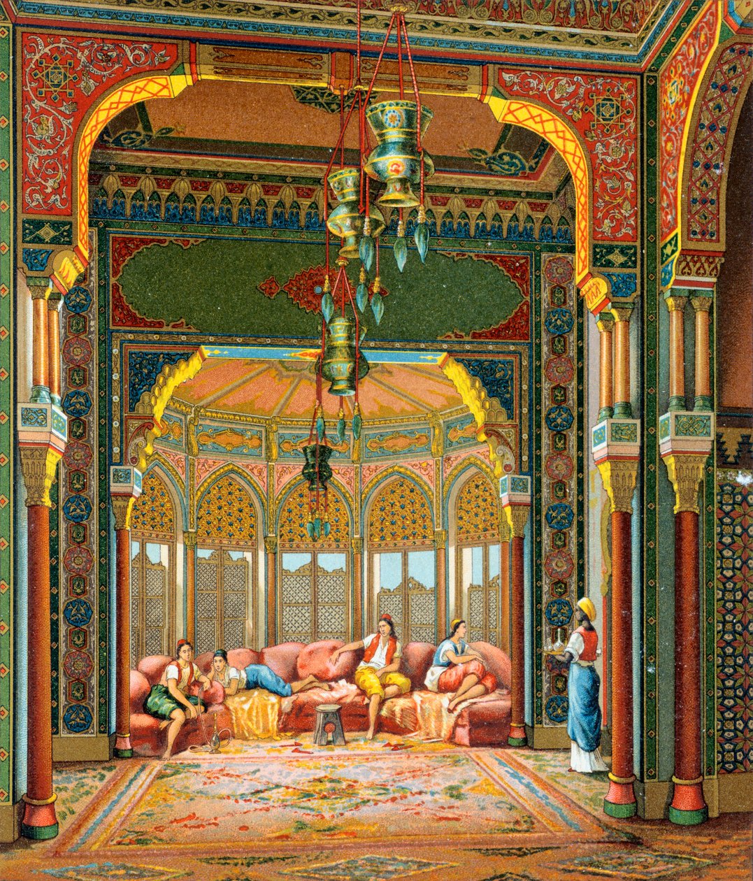 Interiør af tyrkisk bygning, Illustration fra Complete Costume History af Auguste Racinet af Albert Charles August Racinet