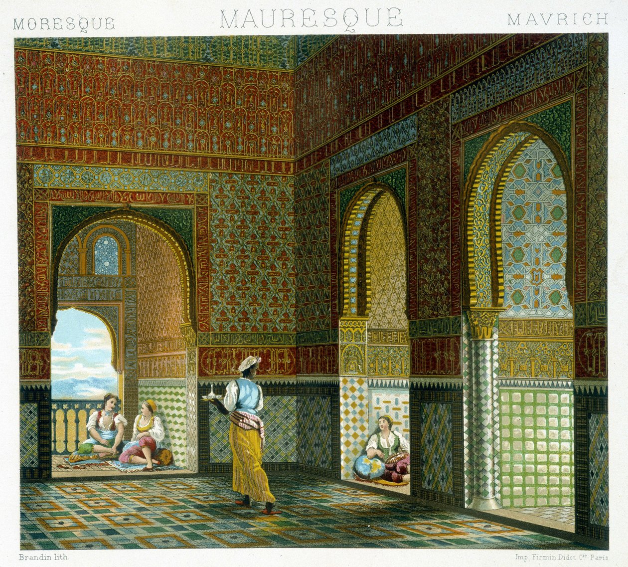 Interiør af et maurisk hus (Alhambra, velsignelsens rum). Kromolitografisk plade - i "" Le costume historique"" af Racinet af Albert Charles August Racinet