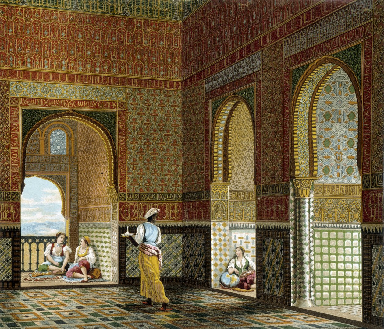 Interiør af et maurisk hus (Alhambra, velsignelsens rum). Kromolitografisk plade - i "" Le costume historique"" af Racinet af Albert Charles August Racinet