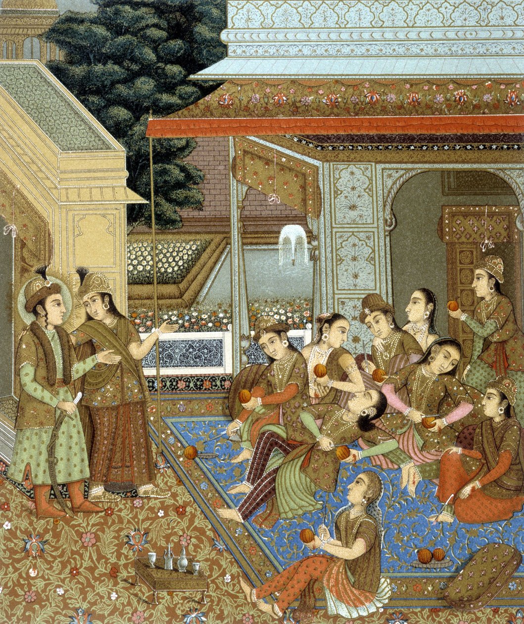 Interiør af et hus i Indien med mange kvinder - i "" Det historiske kostume"" af Racinet af Albert Charles August Racinet