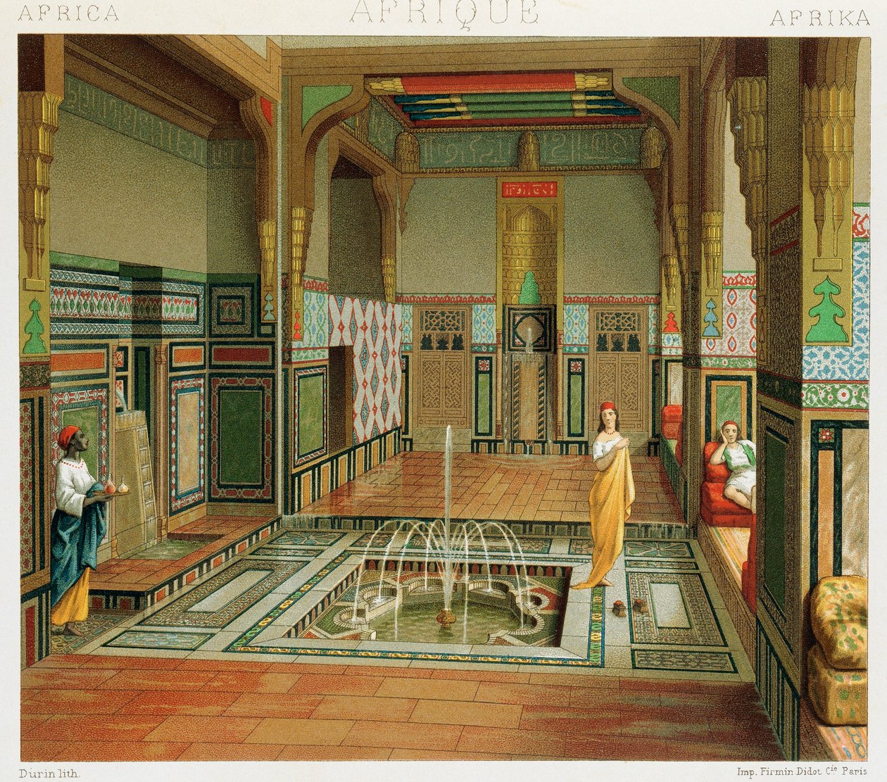 Interiør af et rigt hus i Kairo, Illustration fra Complete Costume History af Auguste Racinet af Albert Charles August Racinet