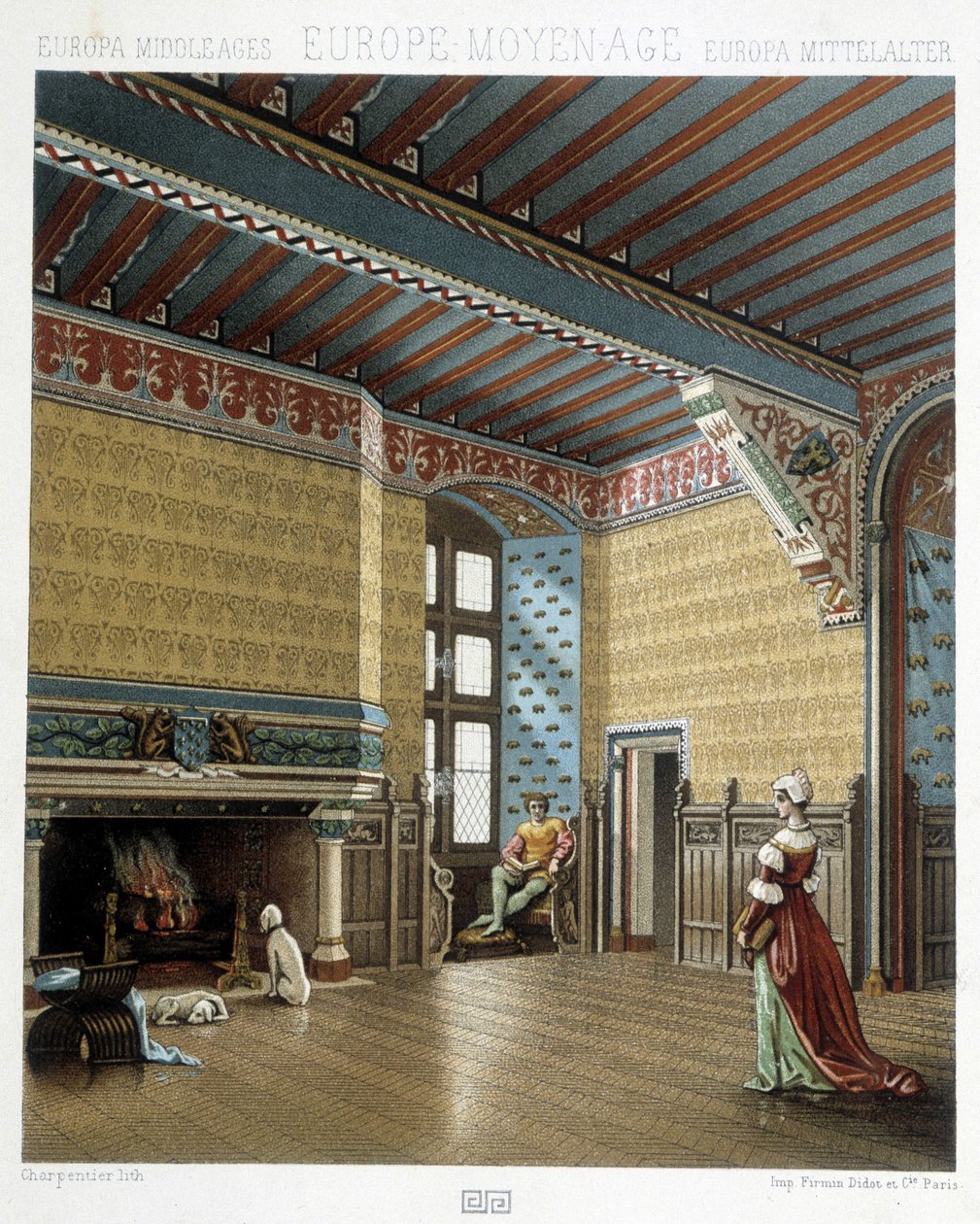 Interiør af en statelig bolig i middelalderen - i "" Den historiske dragt"" af Racinet af Albert Charles August Racinet