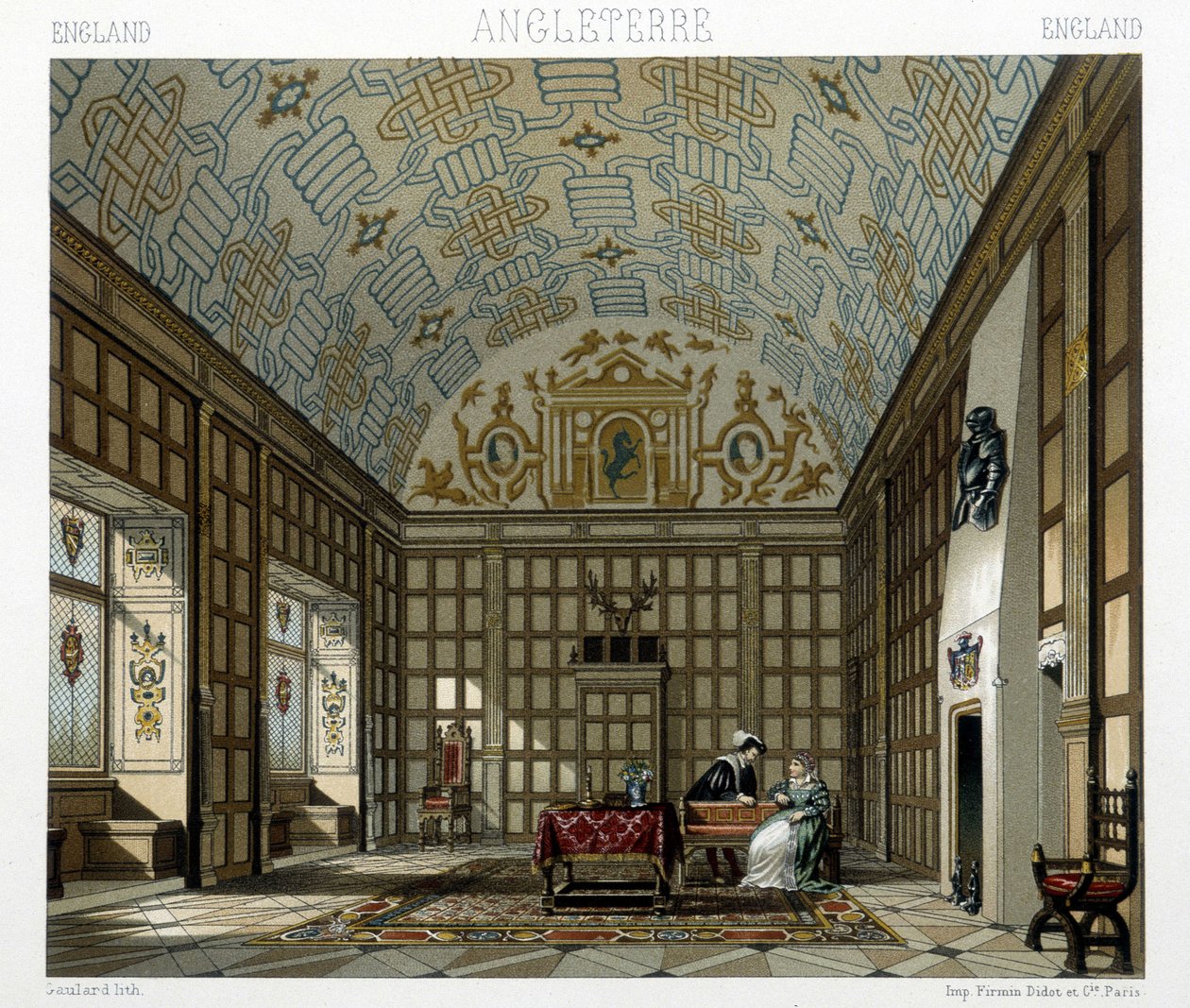 Interiør af et stateligt hus i England i det 17. århundrede. Illustration i "" Le costume historique"" af Racinet af Albert Charles August Racinet