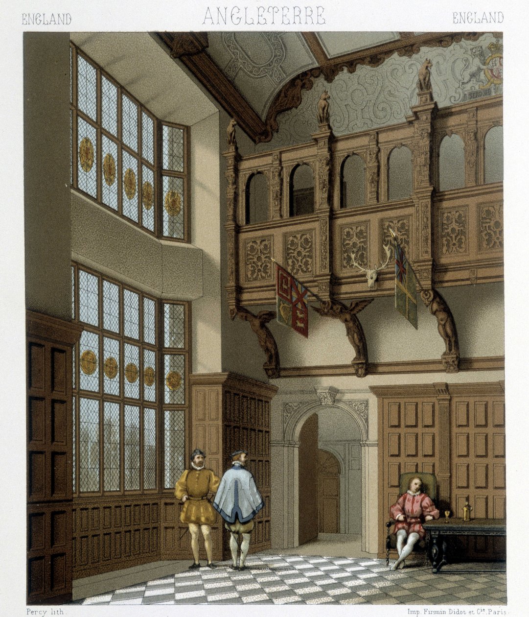 Interiør af et stateligt hus i England i det 18. århundrede. Illustration i "" Le costume historique"" af Racinet af Albert Charles August Racinet