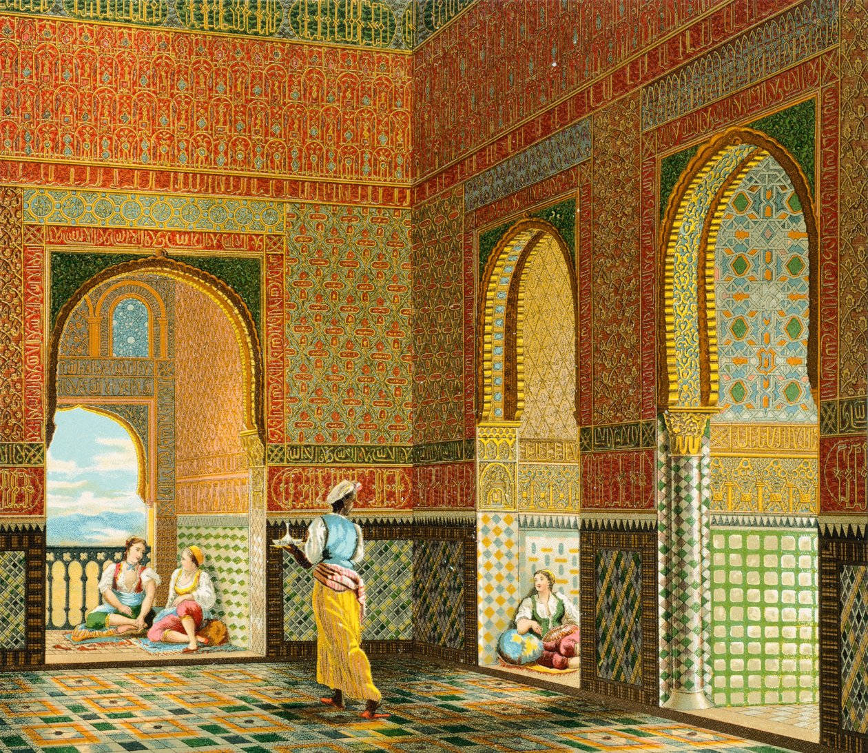 Interiør af en velhavende maurernes bolig, Illustration fra Complete Costume History af Auguste Racinet af Albert Charles August Racinet