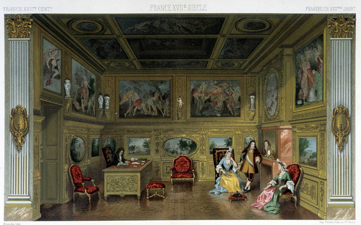 Mænd og kvinder i et rigt 1700-tals hjem. Illustration i "" Le costume historique"" af Racinet af Albert Charles August Racinet