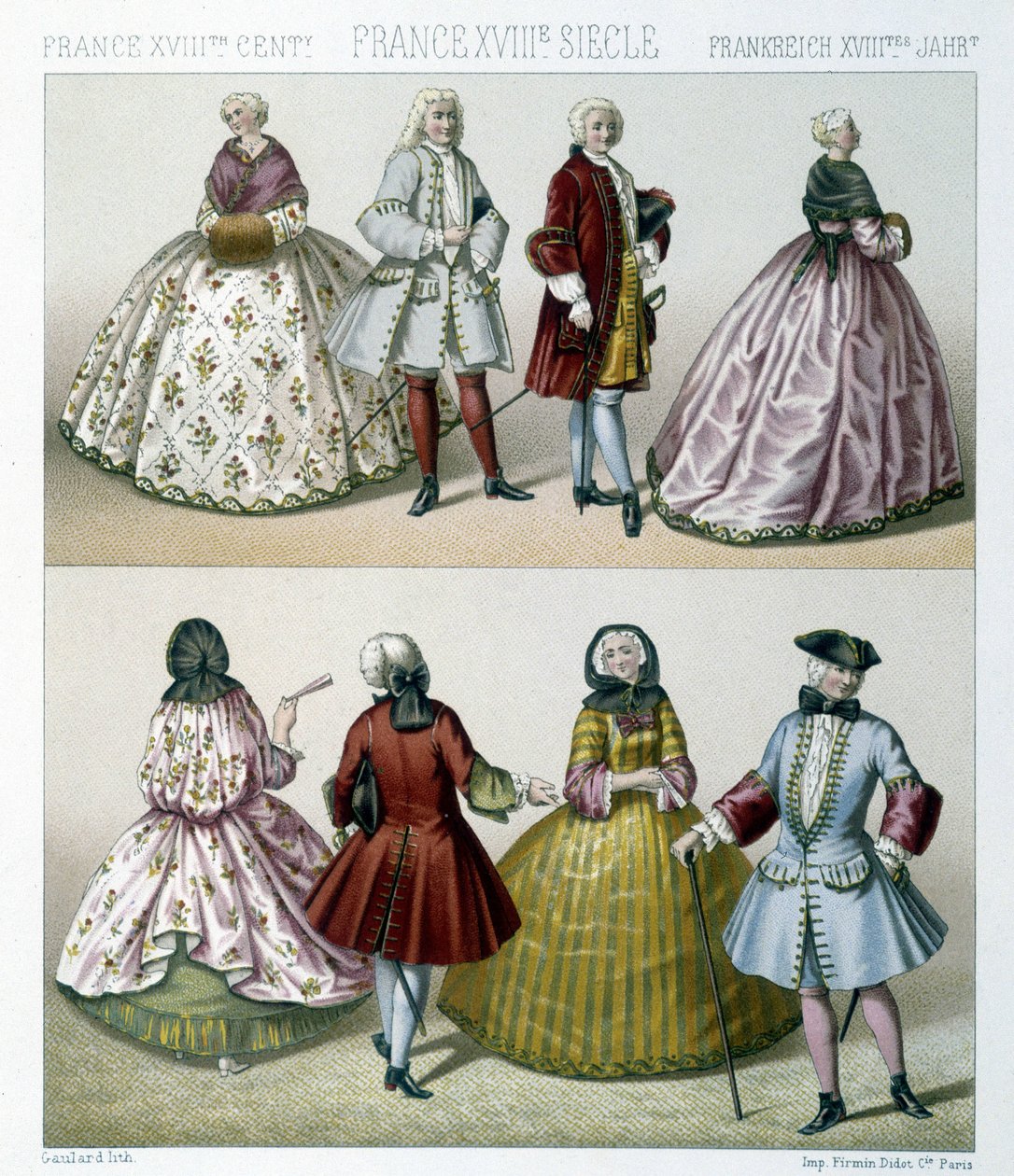Mænd og kvinder iført moderigtige kostumer fra det 18. århundrede i Frankrig. Illustration i "" Le costume historique"" af Racinet af Albert Charles August Racinet