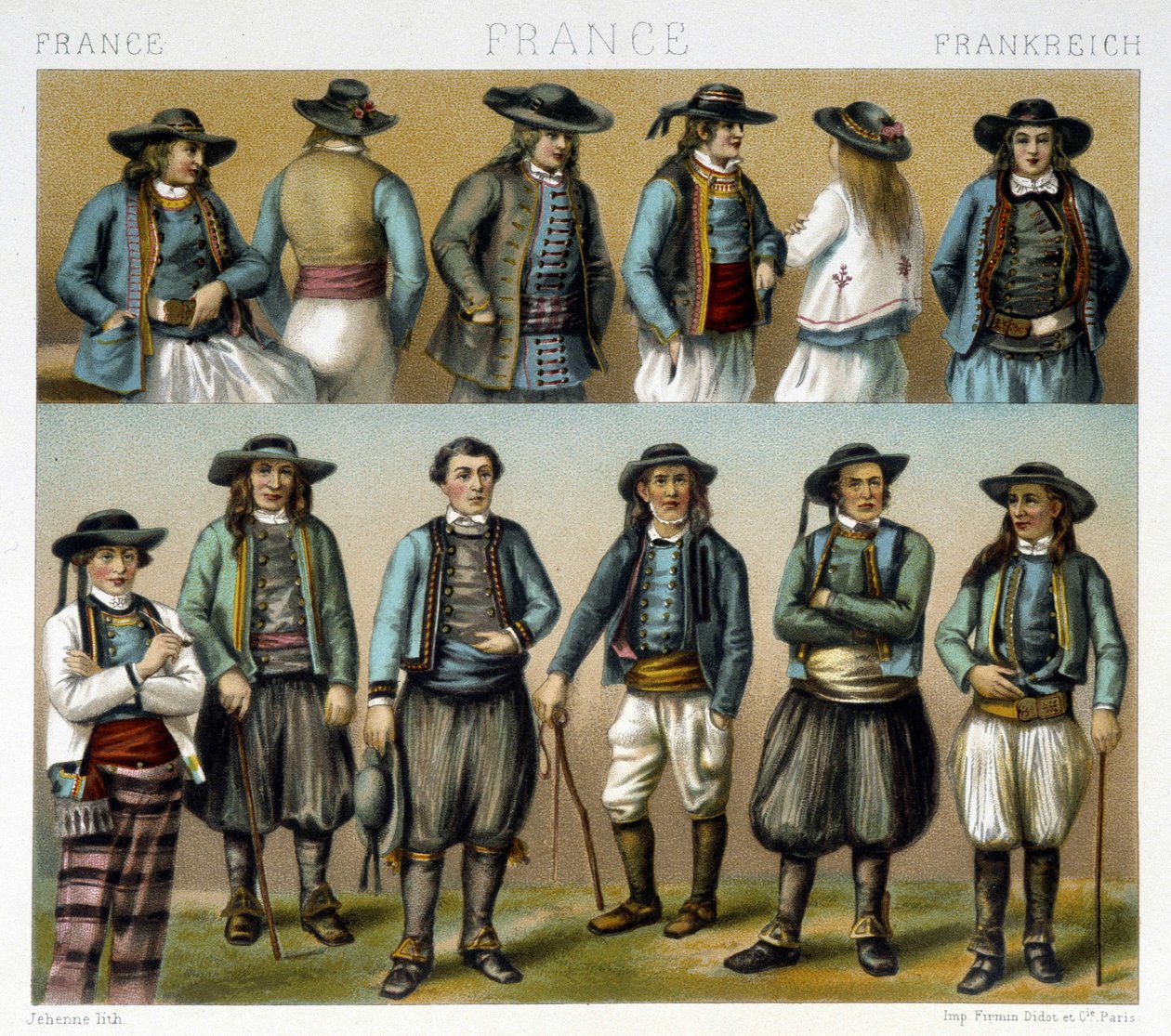 Herredragter fra Finistère i det 19. århundrede - i ""Le costume ancien et historique"" af Racinet af Albert Charles August Racinet