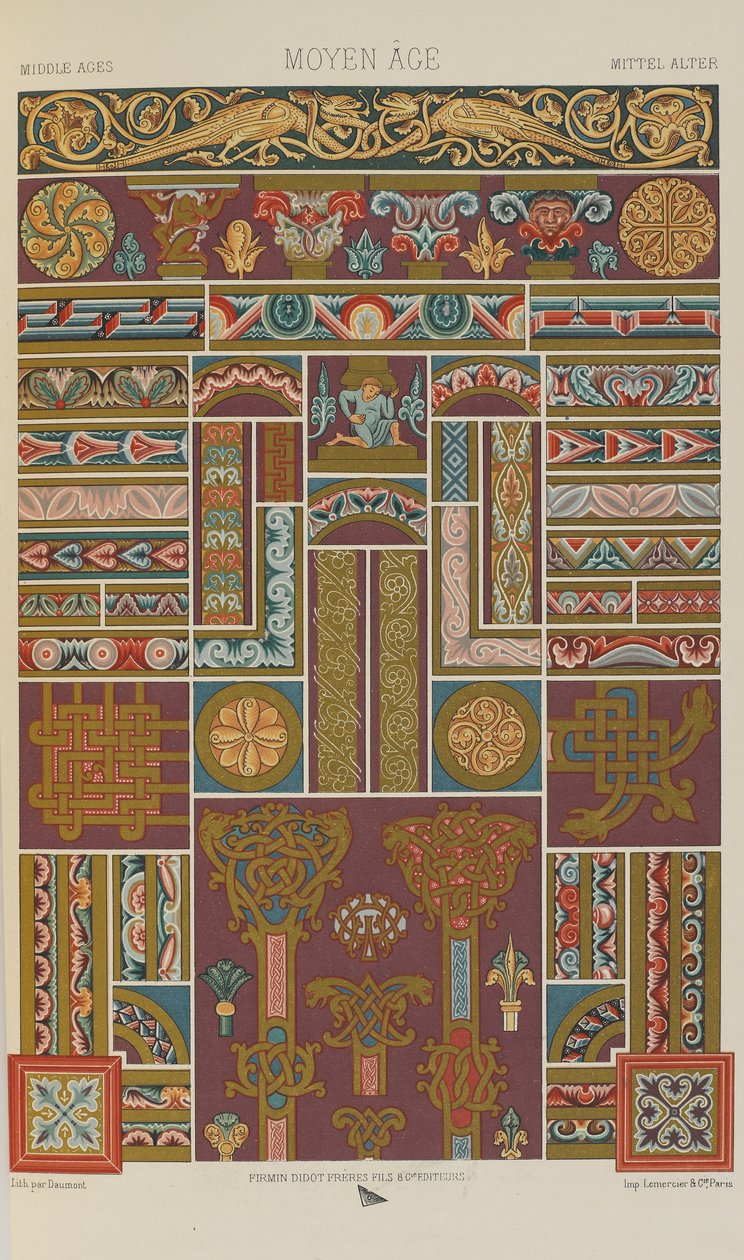 Middelalderen, plade 40 fra Polychromatic Ornament: Et hundrede plader i guld, sølv og farver, 1873 af Albert Charles August Racinet