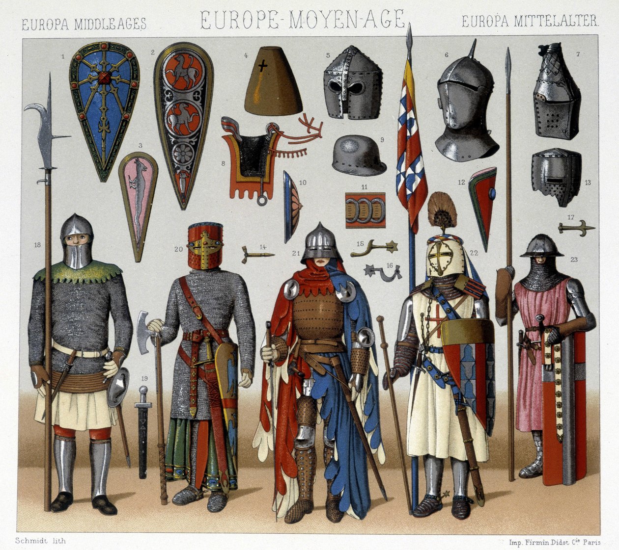 Militære dragter og hjelme i Frankrig fra det 13. til 15. århundrede. Illustration i "" Le costume historique"" af Racinet af Albert Charles August Racinet