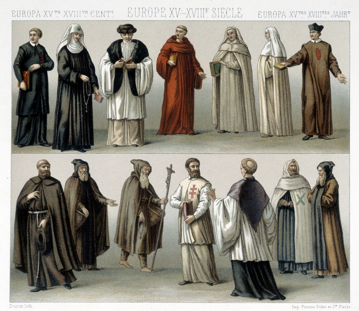 Klosterdragter i Europa fra det 15. til det 18. århundrede. Illustration i "" Le costume historique"" af Racinet af Albert Charles August Racinet