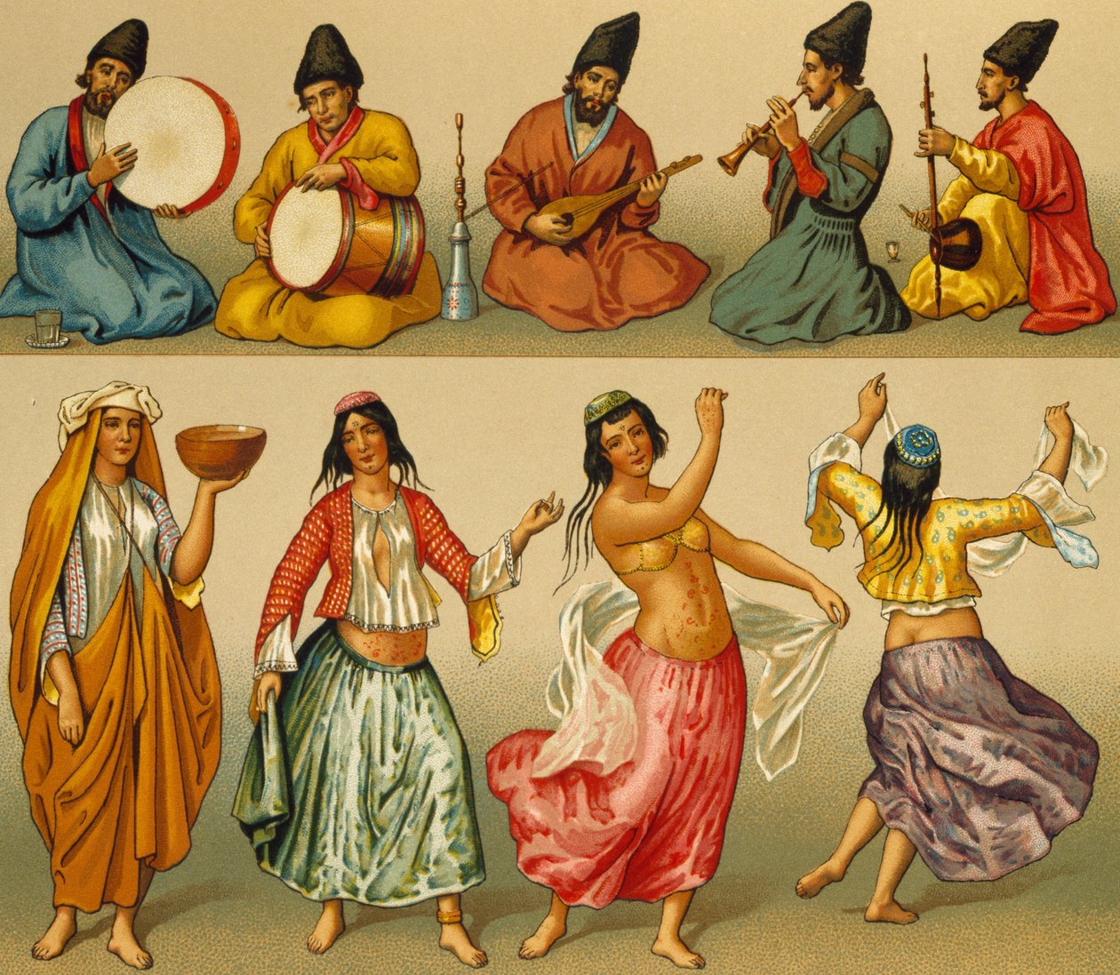 Musikere og dansere fra Persien, litografi af Dambourget, fra Le Costume historique (Complete Costume History), bind I af Albert Charles August Racinet