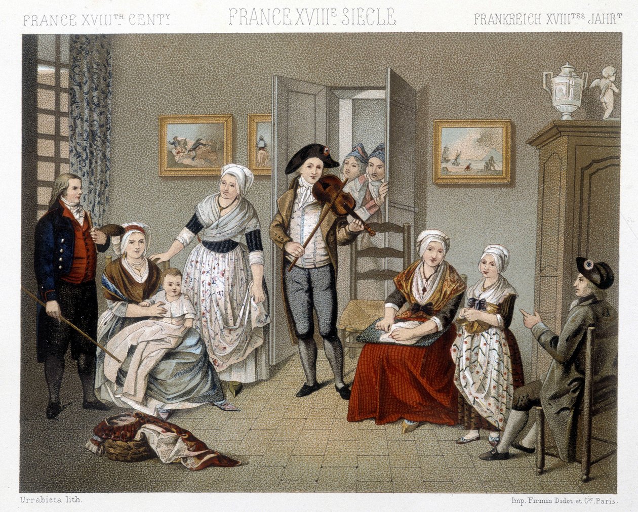 Musikere spiller deres indbrud for en familie inde i et hus. Illustration i "" Le costume historique"" af Racinet af Albert Charles August Racinet