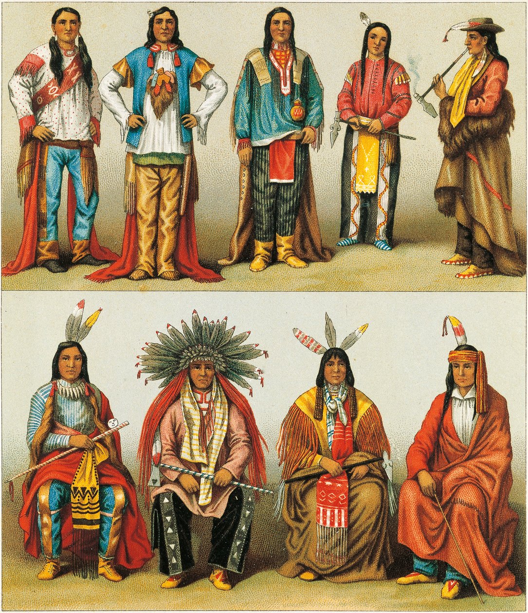 Native Americans of Mississippi og Colorado, litografi af Nordmann og Sahn fra Le Costume Historique, bind 2 af Albert Charles August Racinet