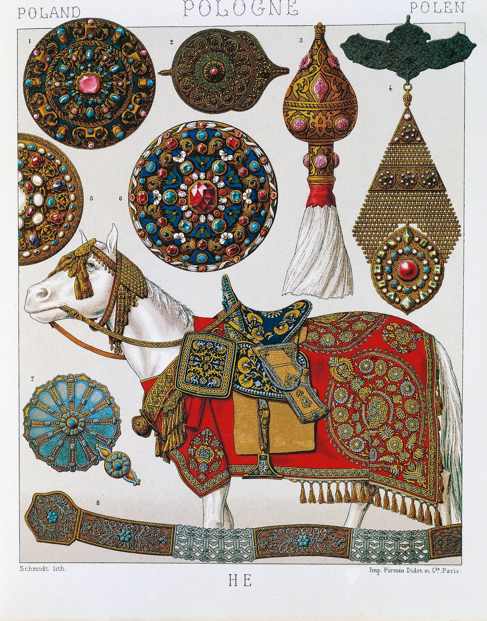 Polske ornamenter, hestehusarer, litografi taget fra Schmidts Costume historique, bind V af Albert Charles August Racinet