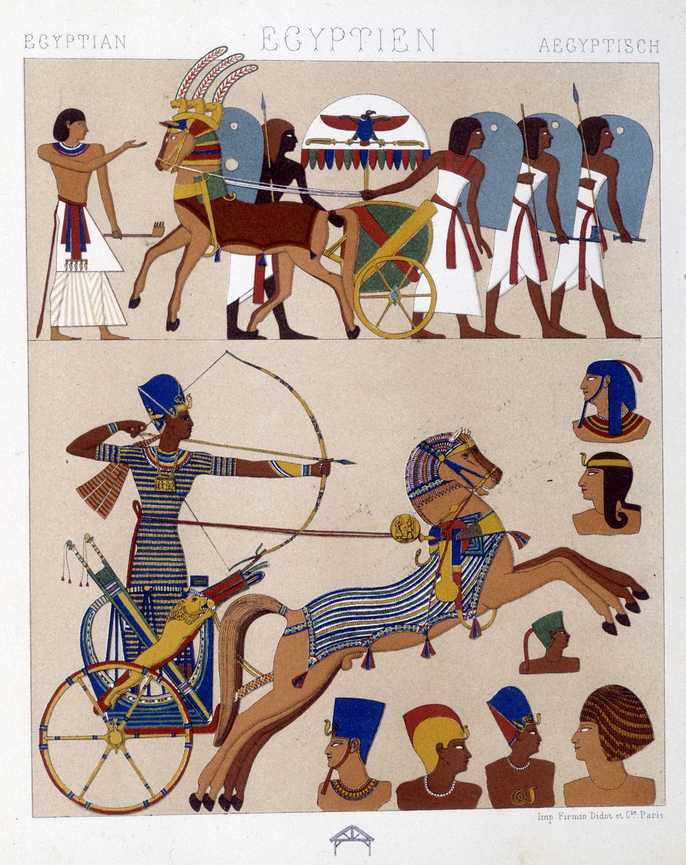 Reproduktion af kalkmalerier fra det gamle Egypten inklusive Ramses II på hans tank - i "Det historiske kostume"" af Racinet af Albert Charles August Racinet