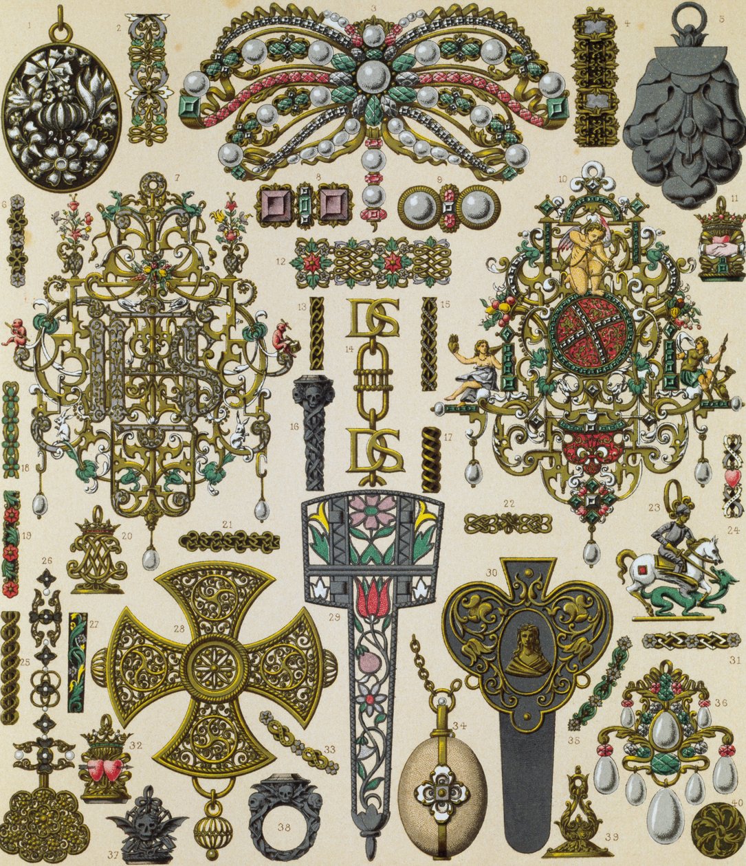 Smykker fra det syttende århundrede, litografi af Schmidt udgivet i Le costume historique, bind V af Albert Charles August Racinet
