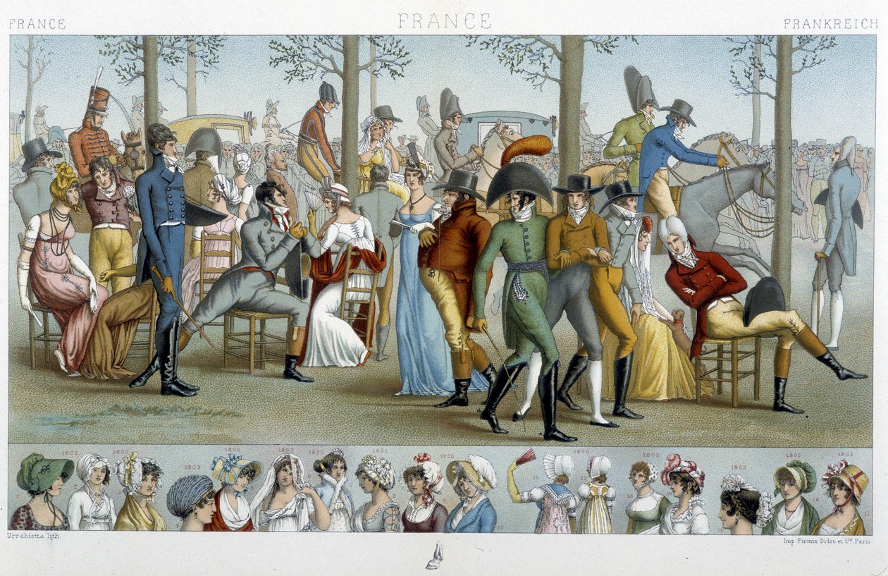 De borgerlige går til Longchamp, deb. 1800-tallet - i "" Le costume historique"" af Racinet af Albert Charles August Racinet