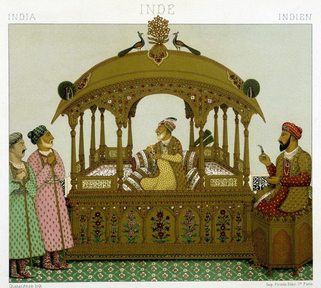 Mughal-kejsernes trone. Kromolitografisk plade - i "" Le costume historique"" af Racinet af Albert Charles August Racinet