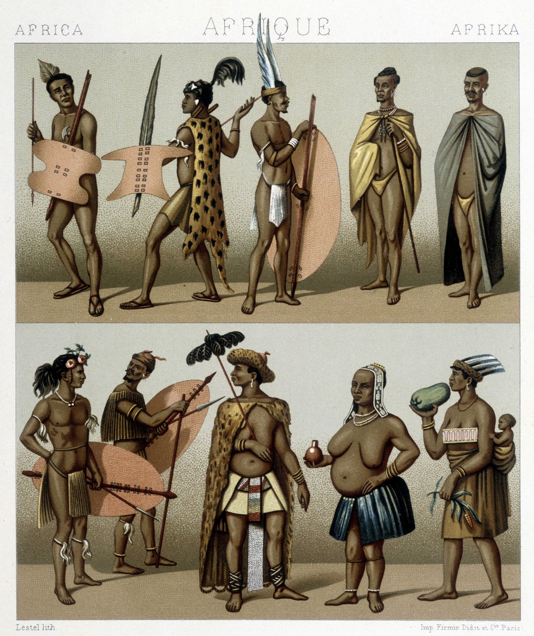 Traditionelt Cafrerie-kostume (Meridional del af Afrika). Illustration i "" Le costume historique"" af Racinet af Albert Charles August Racinet